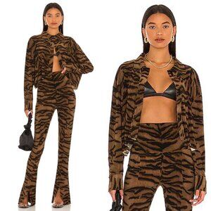 Norma Kamali 2pc set Crop Boxy Shirt Brown Tiger Animal Print Flares Leggings XS